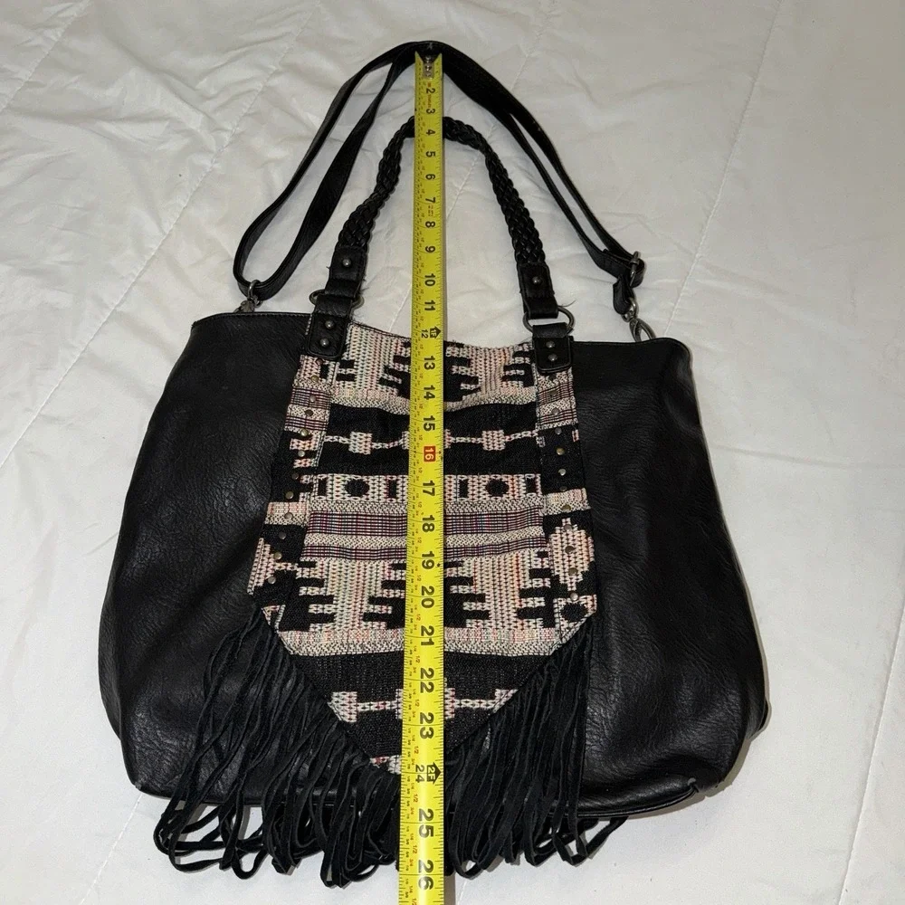 Black Faux Leather Fringe Bag Aztec Purse Hobo Boho Women's Shoulder Bag
